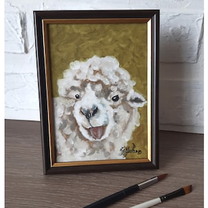 Sheep Original Oil Painting Farm Animal Art Sheep Lover Gift Artwork Framed 7 by 5 Sheep Wall Art by ZannaJuhnoArt.