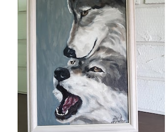 Wolf Couple Original Oil Painting Wildlife Animal Portrait Lover Gift Art Framed 12x9
