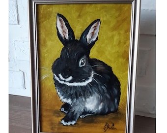 Bunny Original Oil Painting Rabbit Art Pet Portrait Framed 12x9