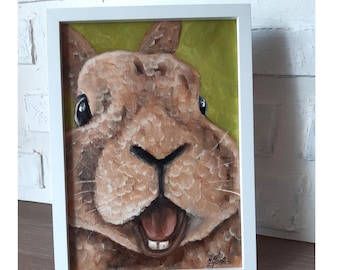Bunny Oil Painting Original Rabbit Artwork, Pet Portrait Art Framed (12x9)