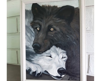 Framed Wolf Oil Painting: Original Animal Art, 12x9