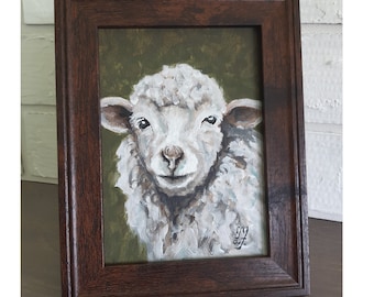 Sheep Original Oil Painting: Farmhouse Animal Art Framed (9x7)