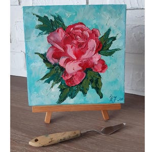 Rose Original Oil  Painting Floral Lover Gift Art Impasto Painting 8 by 8 Red Flower Canvas Wall Art by ZannaJuhnoArt.