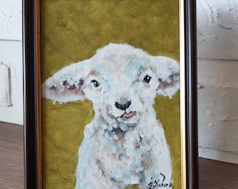Sheep Painting Original Lamb Oil Artwork Framed Farmhouse Nursery Art (7x5)