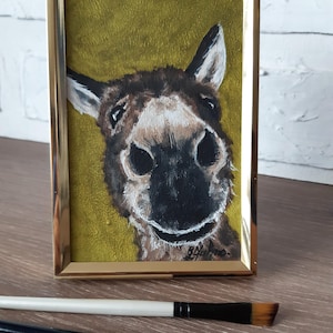 Funny Donkey Original Oil Painting: Small Framed Animal Portrait, 6x4