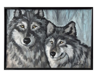 Couple Wolves Painting: Original Oil Animal Art, Framed (9x12 in)