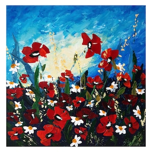 California Poppies Painting Floral Original Art Impasto Painting 16 x 16 Red Flower Artwork Poppy Canvas Wall Art by ZannaJuhnoArt.