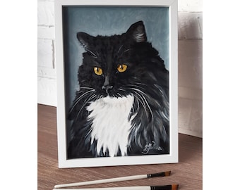 Black Long-Haired Cat Oil Painting: Original Tuxedo Cat Portrait Gift, 12x9