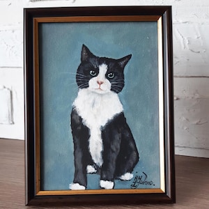Black and White Cat Oil Painting Tuxedo Cat Portrait Original Art by Zanna Juhno Pet Lover Gift Whimsical Wall Decor Framed 7 by 5 .