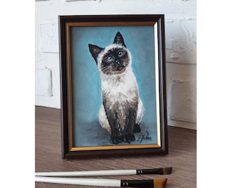 Siamese Cat Painting Original Animal Oil Artwork Pet Portrait Art Framed 7x5