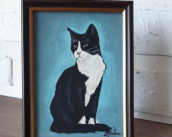 Tuxedo Cat Original Oil Painting: Whimsical Pet Portrait, Framed 5x7 Art