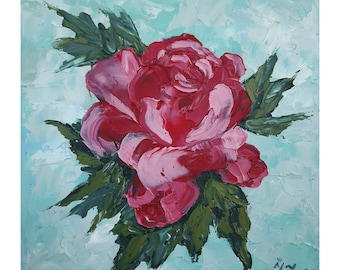 Rose Original Oil  Painting Floral Lover Gift Art Impasto Painting 8 by 8 Red Flower Canvas Wall Art by ZannaJuhnoArt.