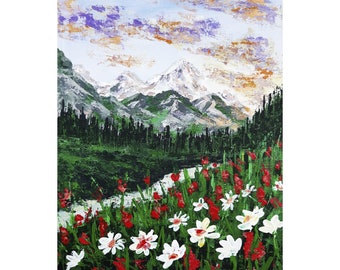 Valley Painting Wildflower Original Art Landscape National Park Artwork 12 by 9 Impasto Painting by ZannaJuhnoArt
