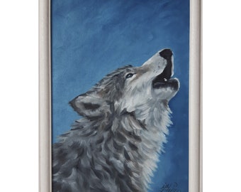 May include: A framed painting of a wolf howling at the moon. The wolf is painted in shades of gray and white against a blue background.