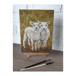 Lambs Oil Painting Two Baby Sheep Artwork 12x9 Canvas Farm Animal Wall Decor Pastoral Nursery Art Original Framed Oil Painting