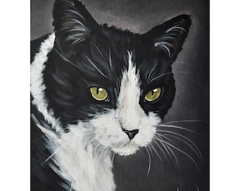 Black Cat Oil Painting: Original Tuxedo Cat Art, Green Eyes (12x9)