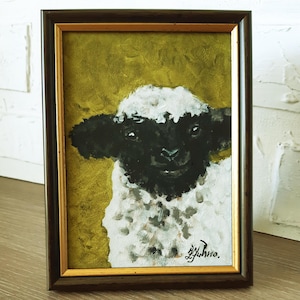 Little Black-Faced Lamb Oil Painting, Framed 7x5 Sheep Wall Art, Farm Animal Nursery Decor, Small Original Artwork