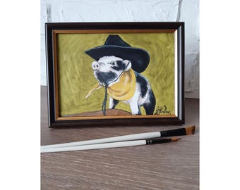 Framed Pig Oil Painting: Original Farm Animal Art, Cowboy Decor (7x5)