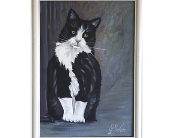 Original Black Cat Oil Painting: Framed Tuxedo Cat Art, Green Eyes 12x9
