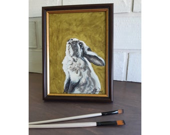 Pintura al óleo de conejo enmarcada: Arte original de conejo, retrato de mascota (7x5)