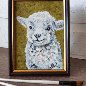 Sheep Oil Painting Original Animal Art Cute Baby Lamb Wall Decor Framed 7x5  Farmhouse Nursery Artwork  by ZannaJuhnoArt.