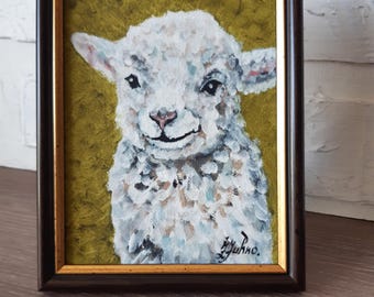 Sheep Oil Painting Original Farmhouse Nursery Decor Framed (7x5) Baby Lamb Art