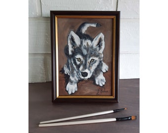 Wolf Painting: Original Oil Artwork, Framed Animal Art (7x5)