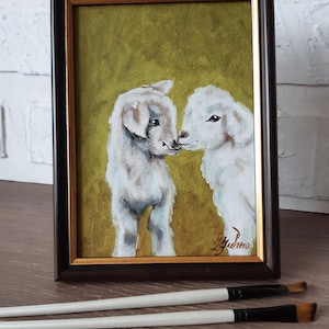 Baby Lambs Original Oil Painting: Framed Farm Animal Art, 7x5
