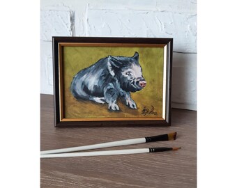 Original Pig Oil Painting: Framed Farmhouse Animal Art (7x5)