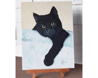 Charming Black Cat Oil Painting: Tuxedo Cat Original Art, Green Eyes, 12x9