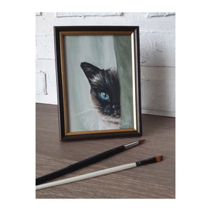 Siamese Cat Original Painting Pet Art Animal Oil Artwork Framed 7 by 5 Cat Lover Gift Canvas Wall Art by ZannaJuhnoArt.