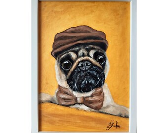 Retrato original enmarcado de un perro carlino, pintura de caballero, amarillo brillante, 12 x 9
