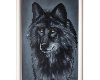 Framed Wolf Painting: Original Oil Artwork, Wildlife Animal Art (12x9)