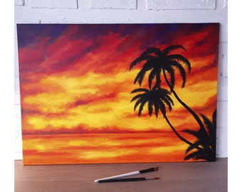 Palm Tree Original Painting Sunset Art Hawaii Beach Artwork 27 by 20 Tropical Beach Acrylic Canvas Wall Art by ZannaJuhnoArt.