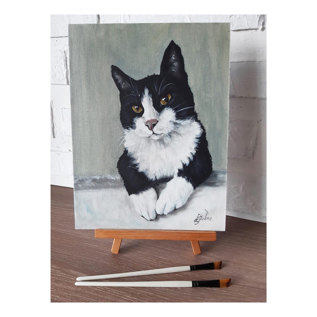 Realistic Tuxedo Cat Original Painting Black and White Cat Portrait on ...
