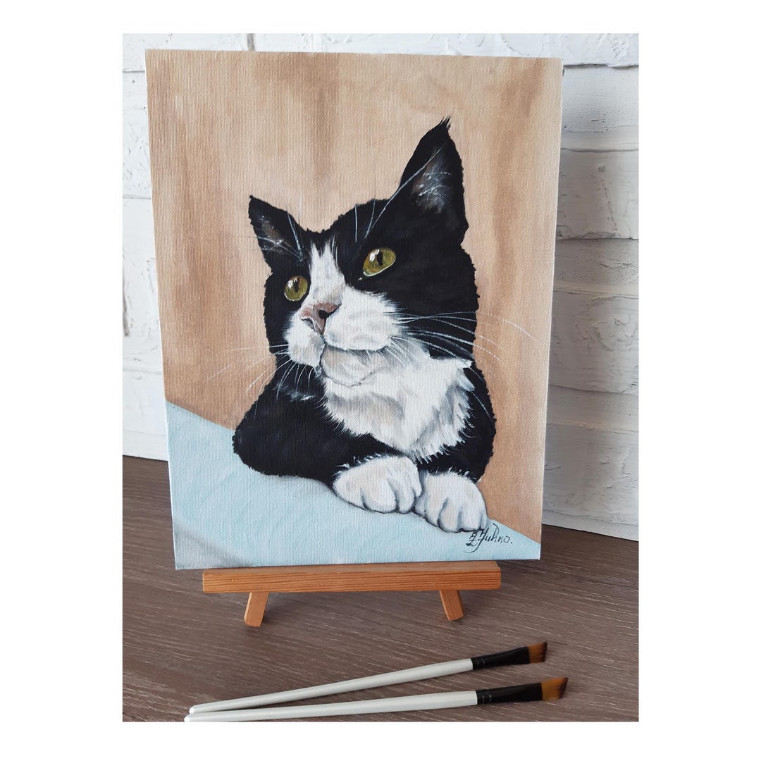 Tuxedo Cat Oil Painting Black and White Cat Portrait Original Cat Art ...