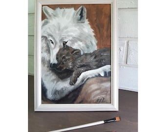 Wolf Painting: Original Oil Artwork, Framed Animal Wall Art (12x9)