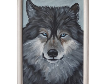 May include: A framed painting of a wolf with blue eyes. The wolf is painted in shades of gray and white, with a light blue background.