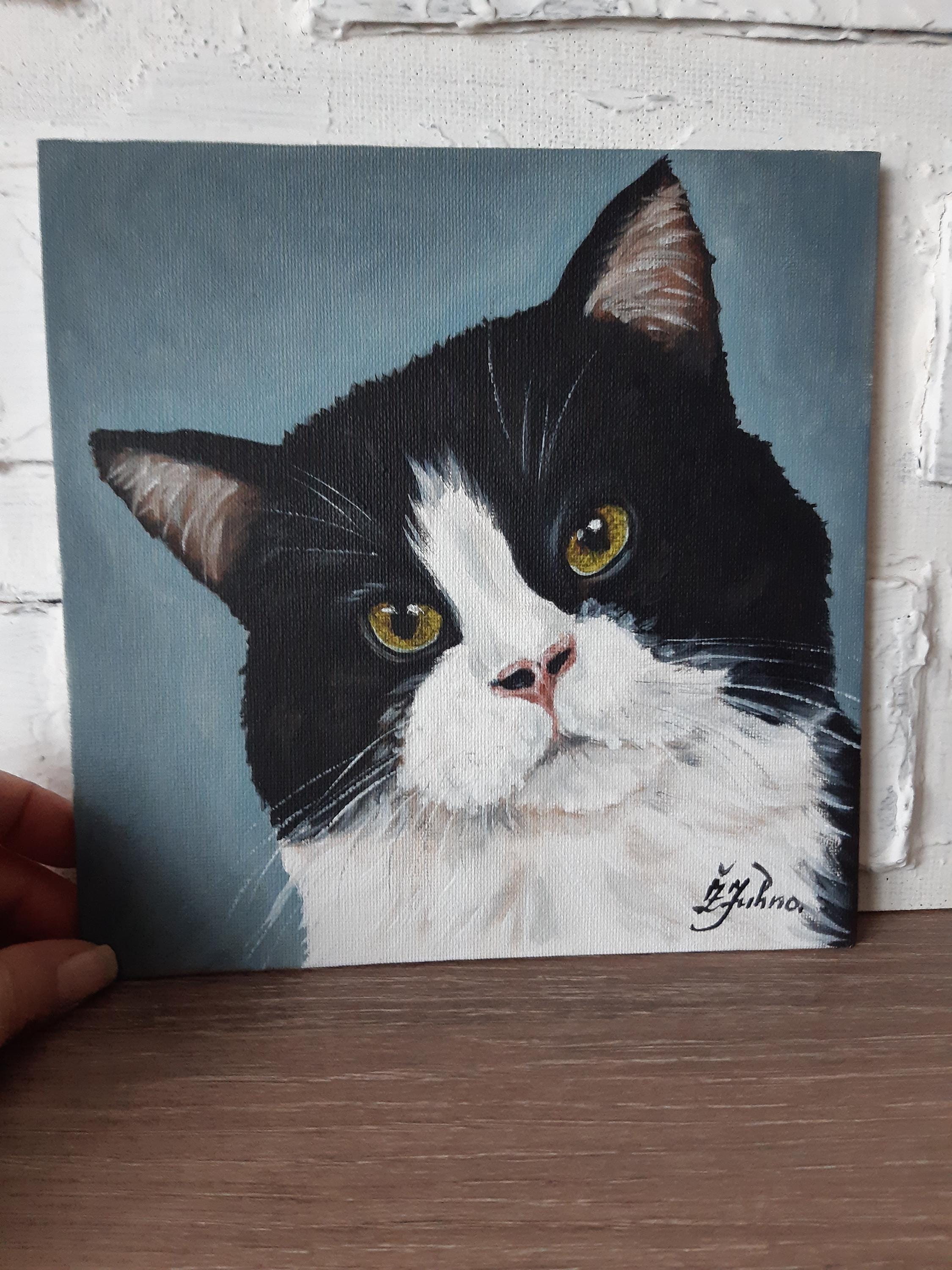 Black and White Cat Portrait – Original Oil Painting Tuxedo Cat Art ...