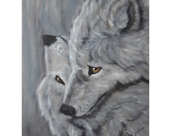 Couple Wolves Oil Painting: Original Animal Art, Wolf Lover Gift 12x9