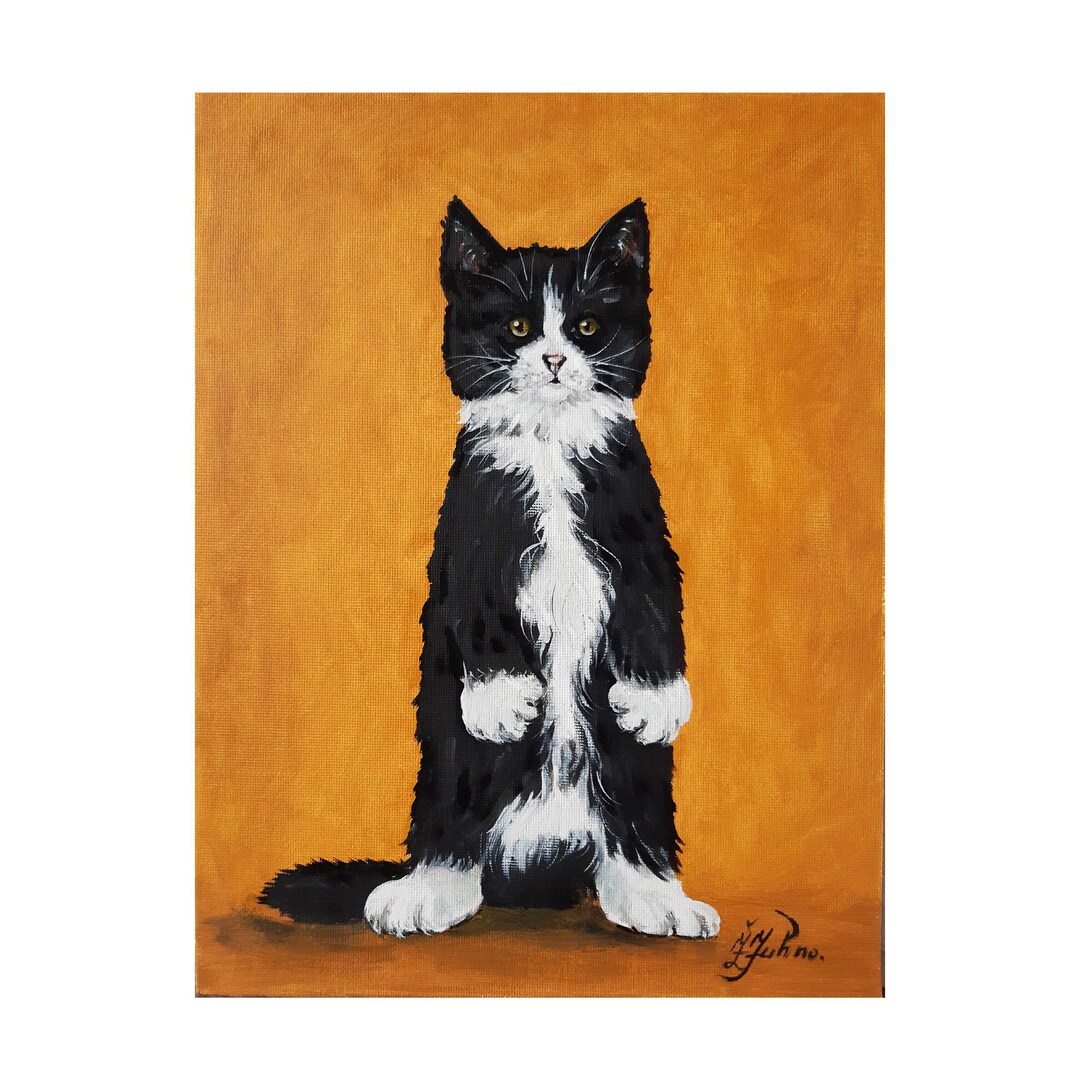 Black Cat Oil Painting: Tuxedo Cat Portrait Art, 12x9 Expressive Feline ...