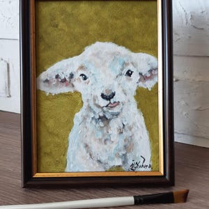 Lamb Oil Painting Original Animal Art Cute Baby Sheep Wall Decor Framed 7x5  Farmhouse Nursery Artwork  by ZannaJuhnoArt.