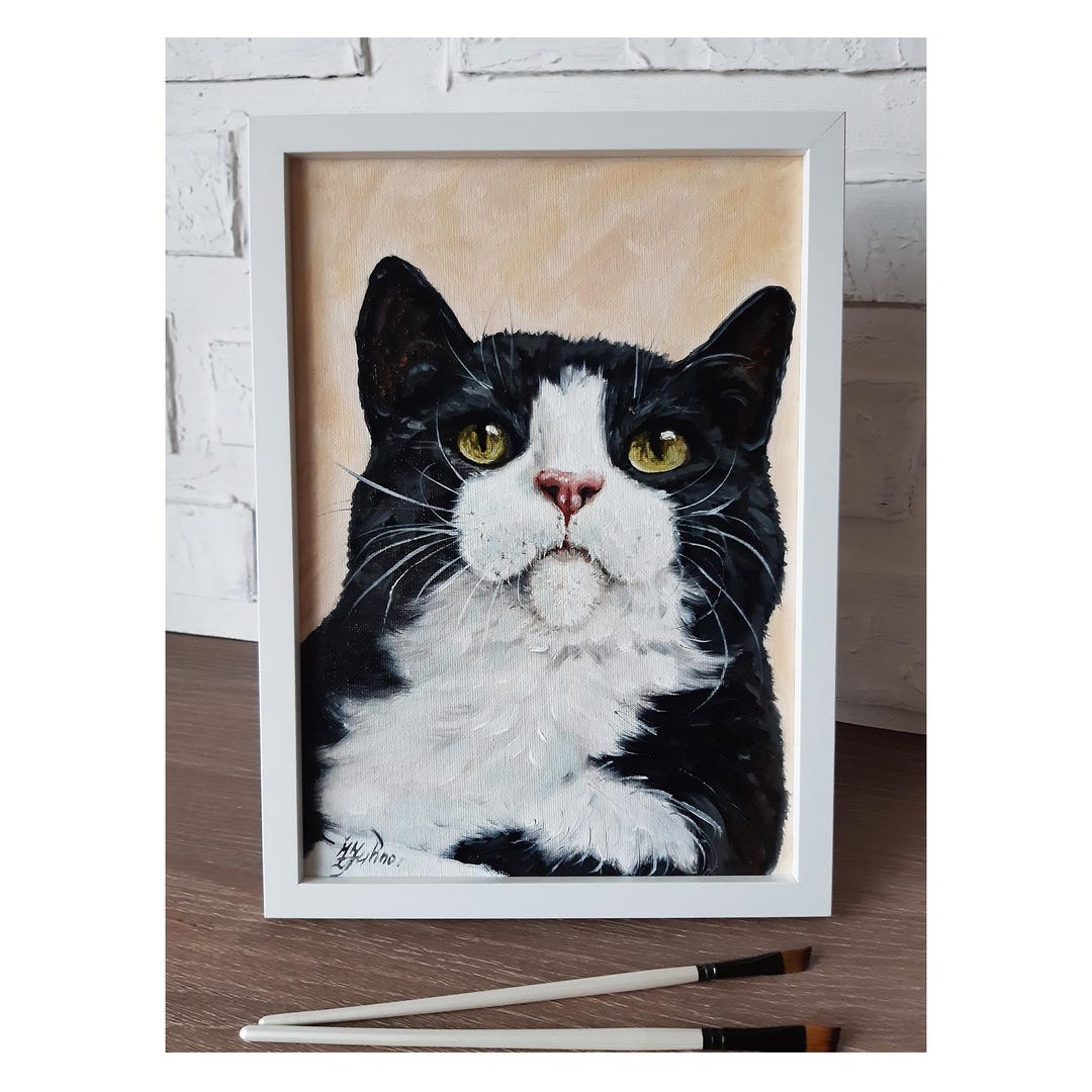 Original Black and White Tuxedo Cat Oil Painting: Whimsical Pet ...