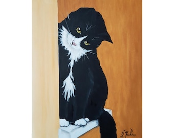 May include: An oil painting on canvas depicting a black and white tuxedo cat peeking from behind a light tan wall. The cat has yellow-green eyes, a white chest, and white paws. The background is a solid warm brown. The artist signature reads J. Juhno.
