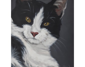 Black Cat Oil Painting: Tuxedo Cat Original Art, Green Eyes, 12x9