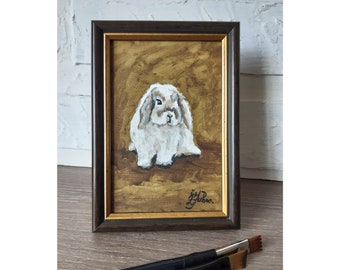 Bunny Original Painting Pet Art Animal Oil Artwork Framed 6 by 4 Rabbit Lover Gift Canvas Wall Art by ZannaJuhnoArt.