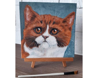 Ginger Cat Oil Painting: Original Pet Portrait Brown Eyes Cat Art (8x8)