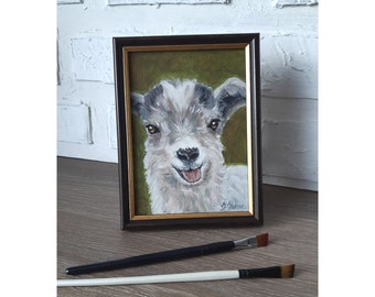 Framed Goat Original Oil Painting: Farmhouse Animal Art (7x5)