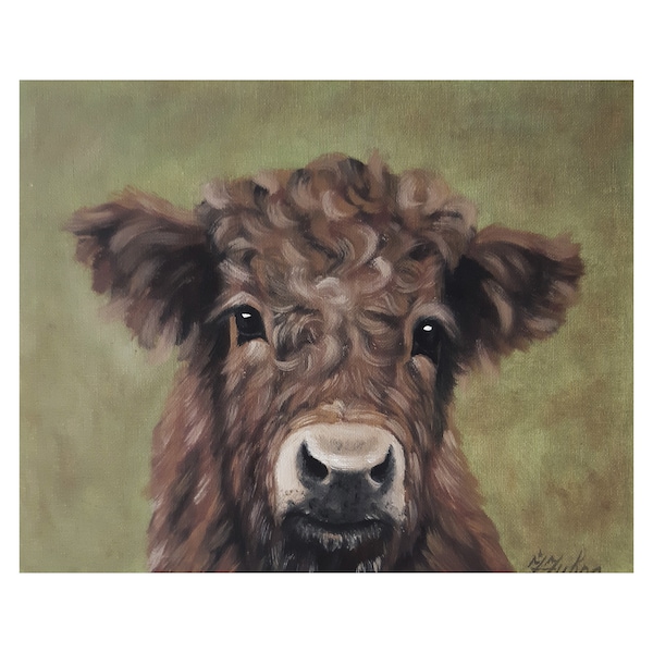 Cow Painting Farmhouse Original Art Calf Oil Artwork 9 by 12 Farm Animal Wall Art by ZannaJuhnoArt.