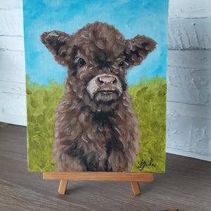 Highland Calf Oil Painting – Fluffy Baby Cow Portrait – Original Farm Animal Art on Canvas – Rustic Wall Decor – Gift for Cow Lovers